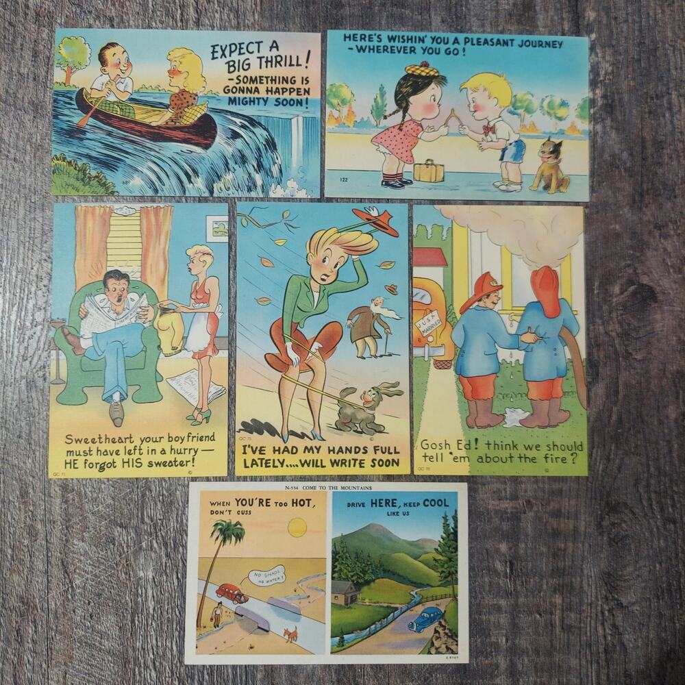 Vintage Asheville Post Card Company Pin Up Firefighter Comic Linen Lot 6 Count
